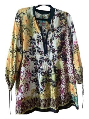 Johnny Was Silk Tunic Mini Dress L Boho Floral Print Peasant Top Long Sleeve